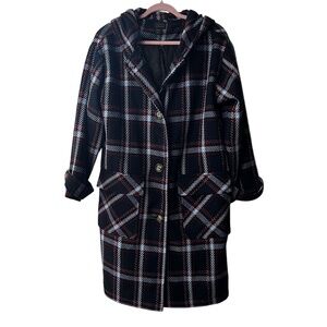 Forever 21 Contemporary Navy Blue Plaid Wool Blend Hooded Winter Coat Size XL